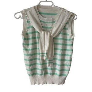 Preppy Striped Knit Sleeveless Sweater Vest w/ Scarf Detail white green